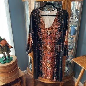 new directions Black Midi Dress with Orange & Red Boho Print NWT XL